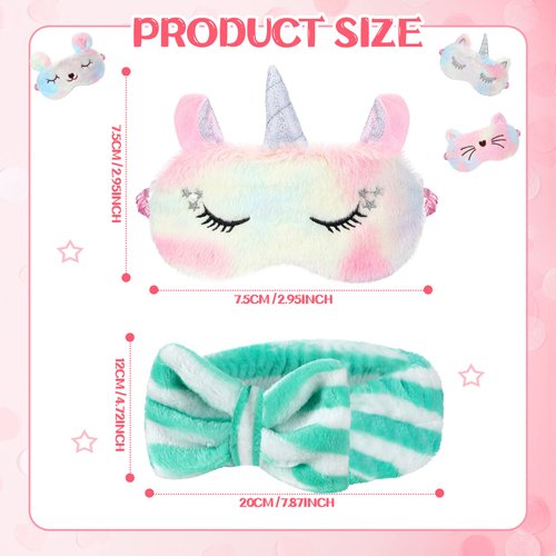 12 Packs Sleep Eye Mask for Girls Sleepover Soft Plush Unicorn Rainbow Animal Sleep Eye Cover Sleeping Eye Shade Funny Bow Headbands Elastic Hair Band for Women Overnight Sleepover Party Supplies