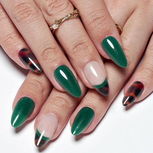 GLAMERMAID Green Press on Nails Medium Almond, Nude French Tip Fake Nails Stiletto, Natural Short Oval Amber Tortoise Stick on Nails Gel, Gloss Acrylic False Nail Tip, Reusable Nail Kit for Women Gift