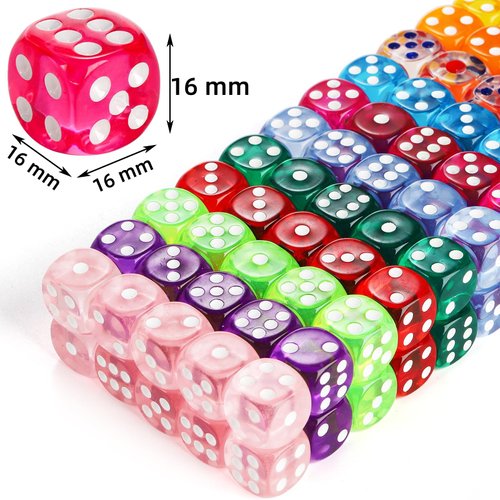 Noamus 160 Pieces 6 Sided Game Dice, 16MM Translucent Acrylic Dice Set, Premium Vintage Colored Dice, Rounded Corners Bulk Dice for Table Games, RPG, Math Learning, Classroom, 16 Colors