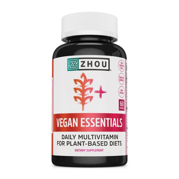 Zhou Vegan Essentials Multivitamin Supplement, B Vitamins, Energy, Vitamin C, Zinc, Immune System Function, Iodine Thyroid Support, Liposomal Iron, Plant-Based Diet Multivitamin, 60 Veg Caps