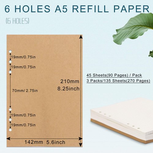 A5 Refill Paper, [3 Pack] Toplive 100GSM Thick Refillable Paper 6 Hole Filler Inserts Loose Leaf Paper 135 Sheets (270 Pages) for 6 Ring Binder Journal Notebook-Kraft Paper