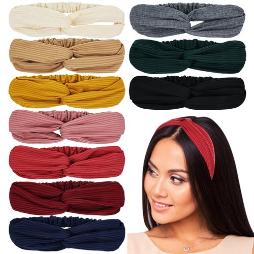 Dizila 10 Pack Vintage Solid Super Soft Stretchy Workout Sports Yoga Headbands Criss Cross Twist Knotted Hair Bands Headwraps for Women Girls