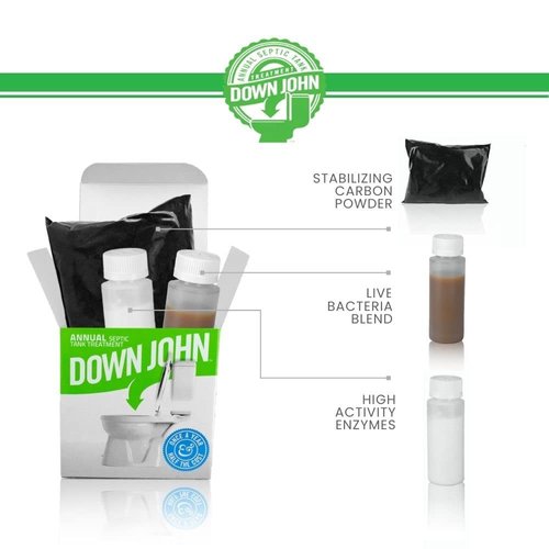 Down John (Once-A-Year) Septic Tank Treatment | 1 Year Supply | 3-Part Concentrate Live Bacteria, Carbon & Enzyme Treatment | Odor Neutralizer | Cleans Septic Lines & Improves Drain Field Absorption