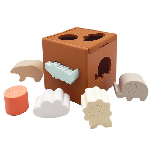 BIBEBRE Shape Sorter Toy, Toddler and Baby Sorting and Matching Activity Cube, Colorful Sorter Box, My First Baby Toys Gift for Boys & Girls (Coffee Brown)