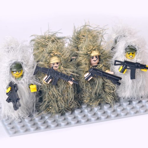 WW2 Military Minfigures Toys，Action Minifigures in Jungle and snowfield Fatigues, Special Forces Soldier Figures in Ghillie Suit with Weapons and Accessories Gift (8 Figures Included and 1War horse)