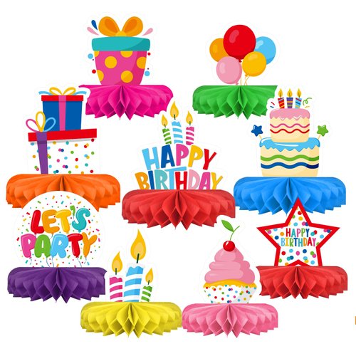 Happy Birthday Decorations Set - Colorful Birthday Themed Honeycomb Centerpiece, Table Decoration for Kids' Birthday Party Supplies