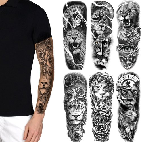 Fake Lion Sleeve Tattoo Stickers 6-Sheet Full Arm Lion Tiger Wolf Animal Temporary Tattoos Sleeves for Adult Kids Women Makeup