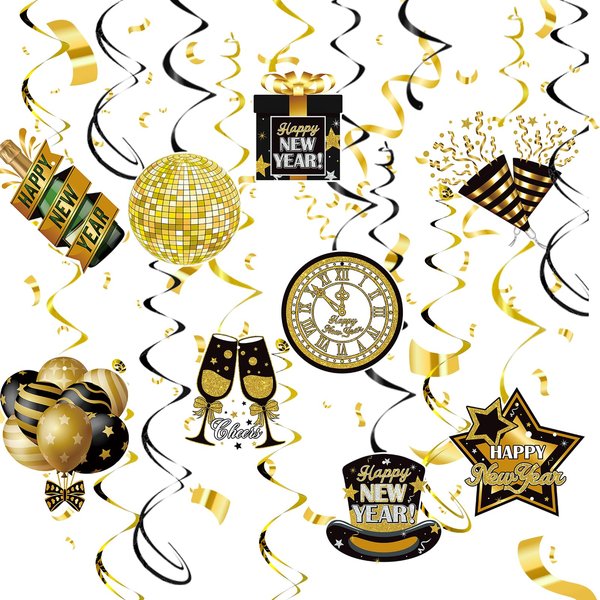 Happy New Year Decorations/New Year Eve Party Decorations 2025/New Years Decorations Black Gold Hanging Swirls/Happy New Year Decorations 2025 Hollywood Party NYE Decorations