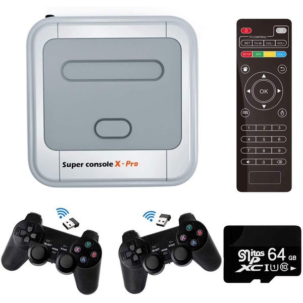 Super Console X-Pro Video Game Console with 64GB SD Card, Built in 30,000+ Games, with 2 Wireless Gamepads, Game Consoles for 4K TV Support HDMI/AV Output, LAN/WiFi, Open Linux System