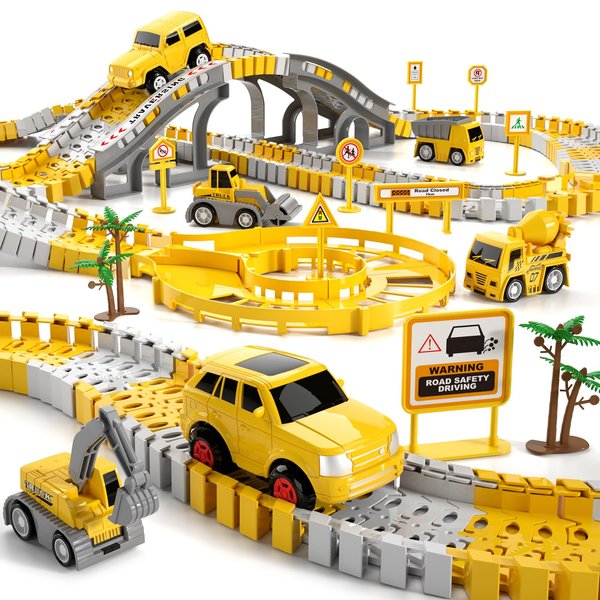 KuKuFun Race Tracks Toys Gifts for 2 3 4 5 Year Old Boys Kids, 236 PCS Construction Race Tracks Boys Toys, 6 PCS Engineering Cars Create A Engineering Road, 2 3 4 5 Year Old Boys Toys Birthday Gifts