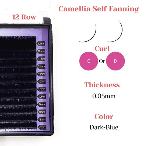 2 Trays Easy Fan Volume Eyelash Extensions, Lash Extension Supplies, Soft Faux Mink Individual Lashes, Camellia Self Fanning Blooming, 0.05-D, 8mm-12mm Mix Tray, Blue-Black