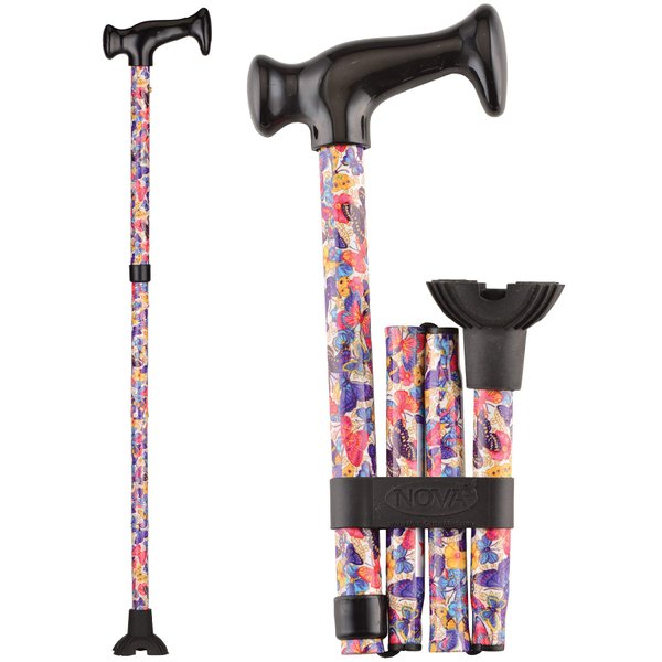 NOVA Medical Products NOVA Folding Cane, Walking Cane with Quad Tip, Foldable & Adjustable Travel Cane, Butterfly Symphony Design, 1 Pound (QT3028)