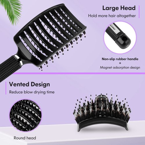 Hair Brush, Boar Bristle Hair Brush Faster Blow Drying, Professional Curved Vent Styling Hair Brushes for Women Men Kids, Paddle Detangler Brush for Wet Dry Curly Thick Thin Hair (Black)