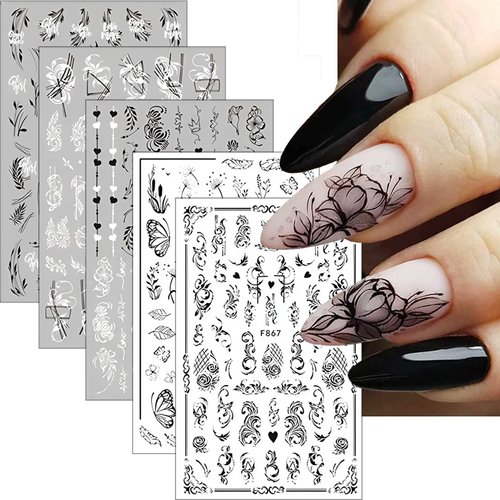 8 Sheet Black Flowers Nail Art Stickers Lace Flower Leaf Butterfly Vine Nail Stickers 3D Self-Adhesive Black White Daisy Rose Floal Nail Art Design Supplies Acrylic Nail Decoration for Women Girls