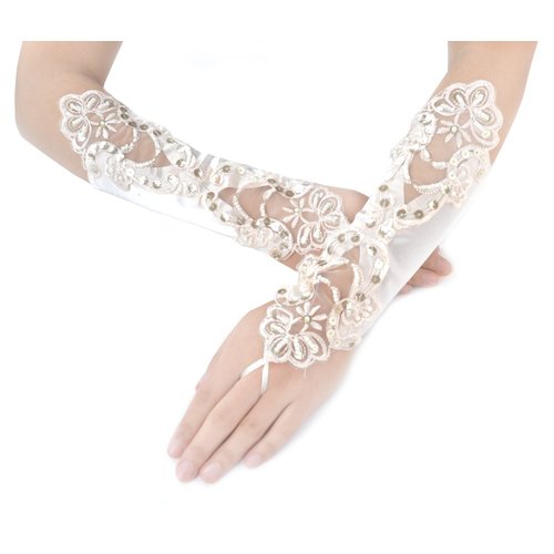 JISEN Women Banquet Party Fingerless Elegant Lace Embroidered Bridal Gloves 11 Inch Champagne