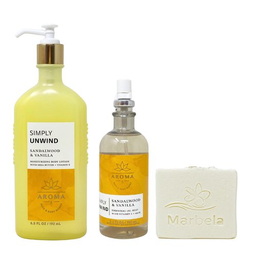 Bath & Body Works Aroma Simply Unwind Sandalwood & Vanilla Body Lotion and Essential Oil Mist Set with a Natural Oats Bar Soap - Full Size