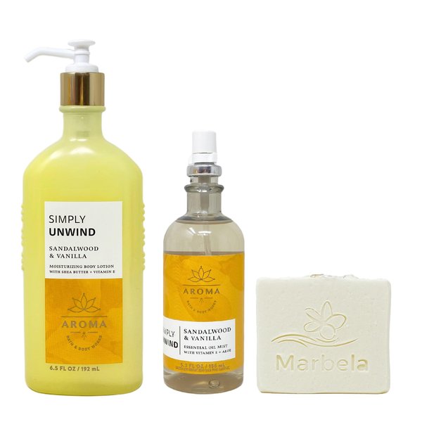 Bath & Body Works Aroma Simply Unwind Sandalwood & Vanilla Body Lotion and Essential Oil Mist Set with a Natural Oats Bar Soap - Full Size