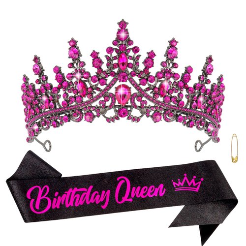 CHANACO Birthday Crown Tiaras for Women Birthday Queen Sash Rose Red Crystal Birthday Tiara Rhinestone Birthday Headband Princess Crown for Girls Hair Accessories Happy Birthday Party Decorations