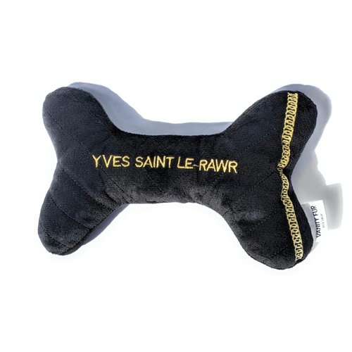 Vanity Fur Pet Shop 2-in-1 Interactive Plush Dog Toy, Stuffed Squeaky Enrichment Chew Toys, Fashion Designer Parody Dog Toy, Squeaker and Rubber Bone Inside | Yves Saint Le-Rawr