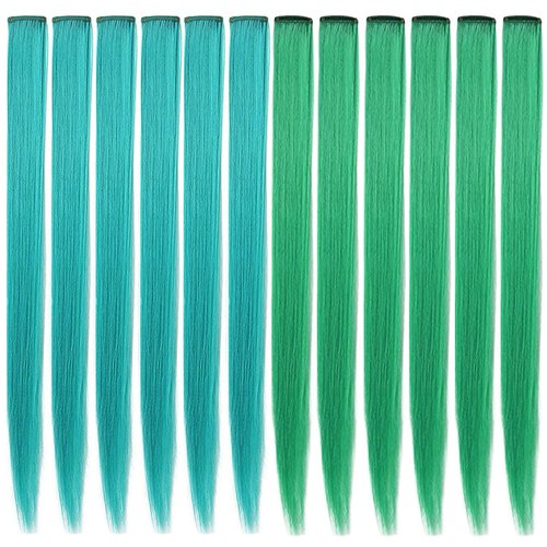 HUANLING 12PCS Colored Hair Extensions 21 inch Colored Party Highlights Straight Heat-resistant Synthetic Hairpieces Clip in Hair Accessories for Women(Green Teal)