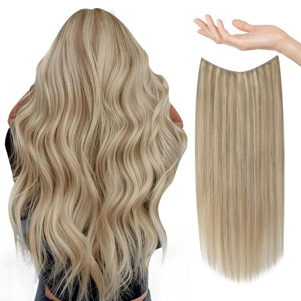 Sunny Blonde Hair Extensions 18 Inch Wire Hair Extensions Ash Blonde Highlights Light Blonde Secret Hair Extensions Human Hair with Invisible Clips Blonde Hair Extensions Real Human Hair 80G
