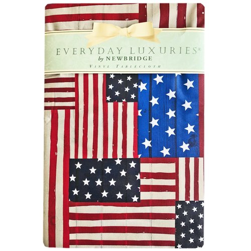 Newbridge American Flag Collage Print Vinyl Flannel Backed Tablecloth, Patriotic Indoor Outdoor Vinyl Tablecloth for Picnics, Barbeques, Patio and Kitchen Dining, 52 Inch x 52 Inch Square