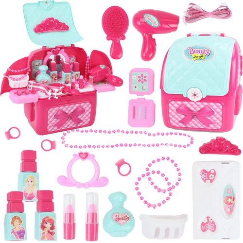 Shape28 Makeup Toy Play Set Cosmetic Bag Pretend Play Make Up 39 Pcs Backpack for Children not Real Makeup Nail Polish Shadow Brushes Toy for Girl 3 4 5 6 7