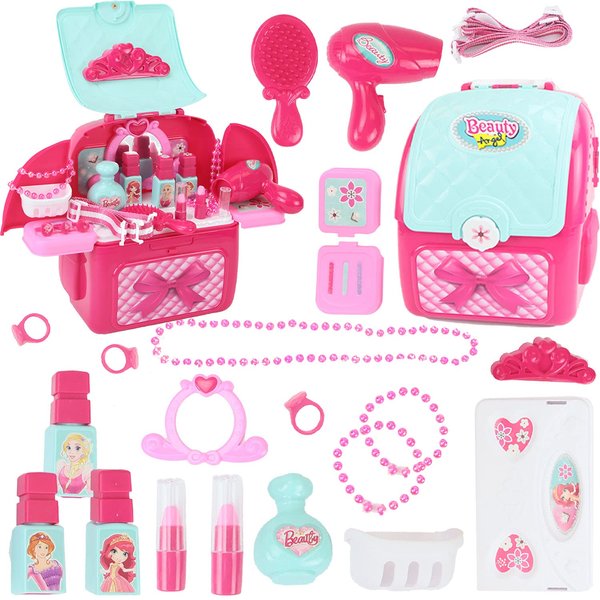 Shape28 Makeup Toy Play Set Cosmetic Bag Pretend Play Make Up 39 Pcs Backpack for Children not Real Makeup Nail Polish Shadow Brushes Toy for Girl 3 4 5 6 7