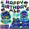 Yingoto Gamer Birthday Party Decorations Tableware Set, Video Game Birthday Decorations Tableware Serve for 25 Guests, Include Banner, Plates, Napkins, and Tablecloth, Etc, for Boys Birthday Party