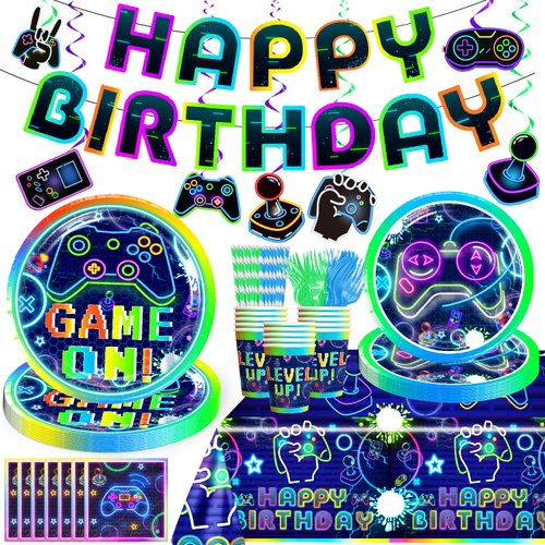 Yingoto Gamer Birthday Party Decorations Tableware Set, Video Game Birthday Decorations Tableware Serve for 25 Guests, Include Banner, Plates, Napkins, and Tablecloth, Etc, for Boys Birthday Party