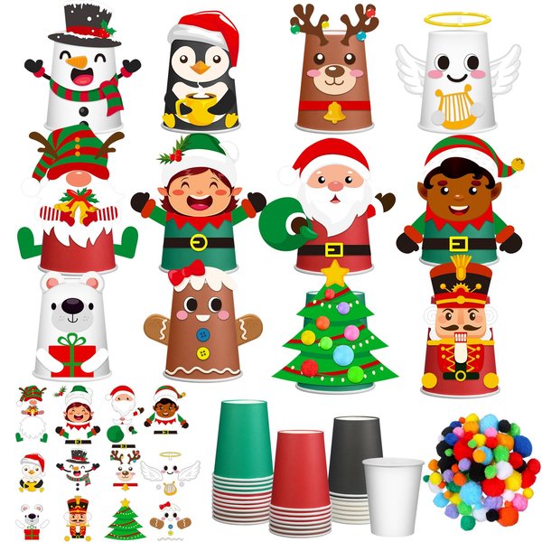 Tenceur 36 Set Christmas Arts and Crafts DIY Christmas Create Your Own Cups for Kids Santa Elf Gingerbread Christmas DIY Craft Kit Xmas Paper Cup Art Kit for Kids Christmas Arts Crafts Supplies