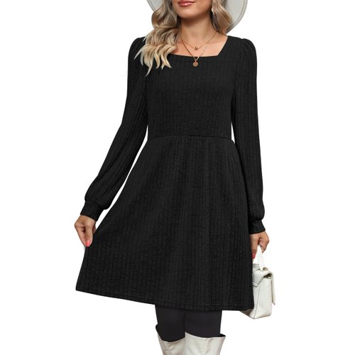 OFEEFAN Winter Little Black Knee Length Dress Maternity Sweater Dress with Pockets S