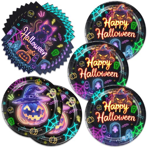 48pcs happy Helloween party decoration，glow in the dark Halloween Plate Napkin party tableware set，Neon Spooky Halloween Birthday Party Decorations (fluorescence Helloween)