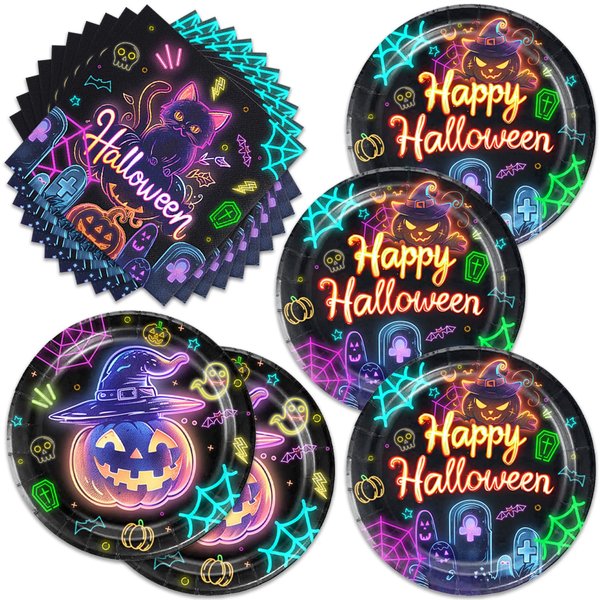 48pcs happy Helloween party decoration，glow in the dark Halloween Plate Napkin party tableware set，Neon Spooky Halloween Birthday Party Decorations (fluorescence Helloween)