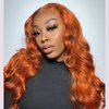 X-TRESS Ginger Orange Lace Front Wigs Synthetic for Women,28Inch Wear and Go Body Wave 13x4x1 Wig, Bright Orange Wig Pre Plucked Baby Hairline Glueless Wigs for Daily Party Use(Ginger)