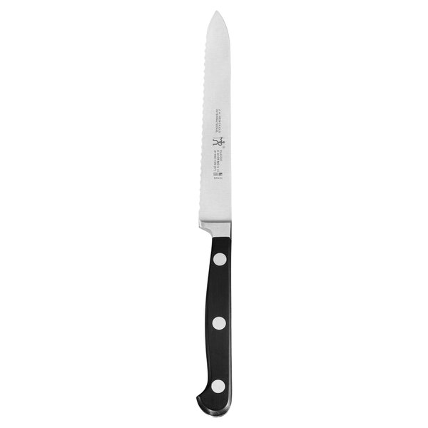 ZWILLING HENCKELS Classic Razor-Sharp 5-inch Serrated Utility Knife, Tomato Knife, German Engineered Informed by 100+ Years of Mastery, Black/Stainless Steel