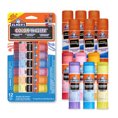 Elmer’s Color 'n Glitz Glue Sticks, Washable, Assorted Colors, Includes Disappearing Purple Glue Sticks, 6 Grams, 12 Pack