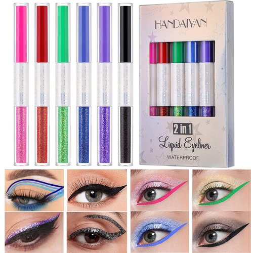 BestLand 2 in 1 Matte Glitter Liquid Eyeliner Set Rainbow Colorful Neon Eyeliner Pencil Pigmented Waterproof Smudgeproof Long Lasting Korean Eye Glitter Christmas Makeup Gift Kit for Women (2 in 1 Set B)