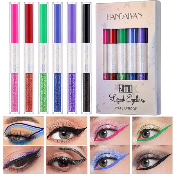 BestLand 2 in 1 Matte Glitter Liquid Eyeliner Set Rainbow Colorful Neon Eyeliner Pencil Pigmented Waterproof Smudgeproof Long Lasting Korean Eye Glitter Christmas Makeup Gift Kit for Women (2 in 1 Set B)