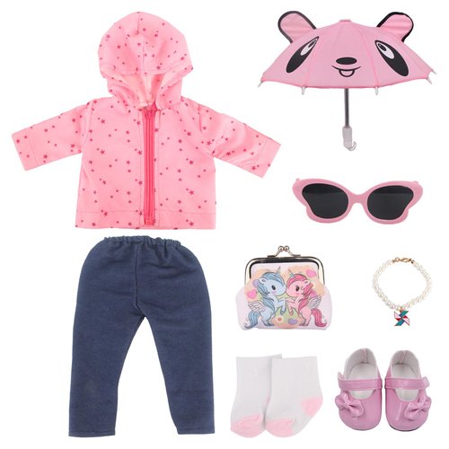 Msyo 18 Inch Doll Outdoor Accessories Set, Include Sun-Proof Clothing, Pants, Shoes and Socks, Sunglasses, Umbrella, Pearl Necklace, Purse, 8 Pcs Pink Doll Dress Up Set, Suitable for Most 18" Dolls