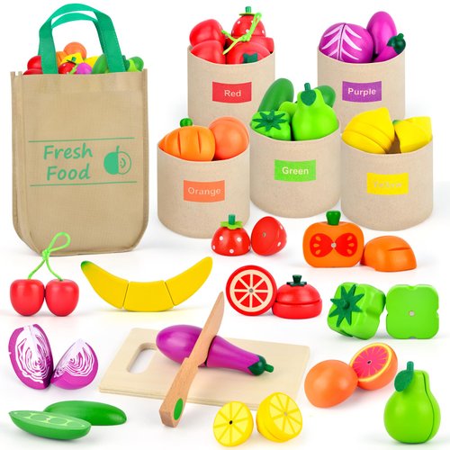 LilKisThk Wooden Play Food Set Color Sorting Toys, Pretend Food for Play Kitchen Accessories Toddler Fruit Veggies Cutting Toy, Grocery Store Pretend Play for Kids Kitchen
