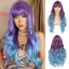 Tseses Purple to Blue Long Curly Wigs for Women Ombre Blue Synthetic Hair Natural Looking Wavy Wig (Purple/Blue)