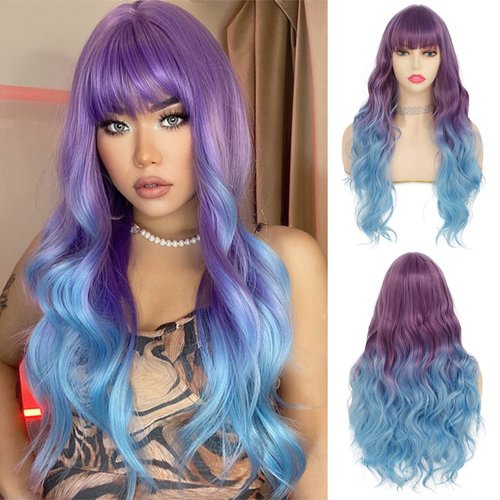 Tseses Purple to Blue Long Curly Wigs for Women Ombre Blue Synthetic Hair Natural Looking Wavy Wig (Purple/Blue)