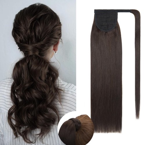 Rich Choices Human Hair Ponytail Real Hair Extensions Ponytail Wrap Around Ponytail Human Hair One Piece Clip In Ponytail Hair Extensions Long Straight For Women 22 Inch 95g #2 Dark Brown