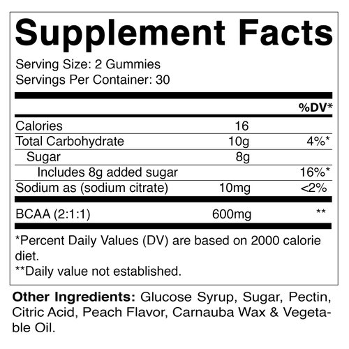 Vitamatic BCAA Gummies - Branch Chain Amino Acid Supplements - Peach Flavor - 600mg per Serving - 60 Vegan Pectin Based Gummies (1 Bottle)