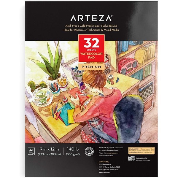 ARTEZA Watercolor Paper, 32 Sheets Each, 9x12 Inch Water Color Paper, 140lb/300gsm, Cold Press, Acid Free Art Paper