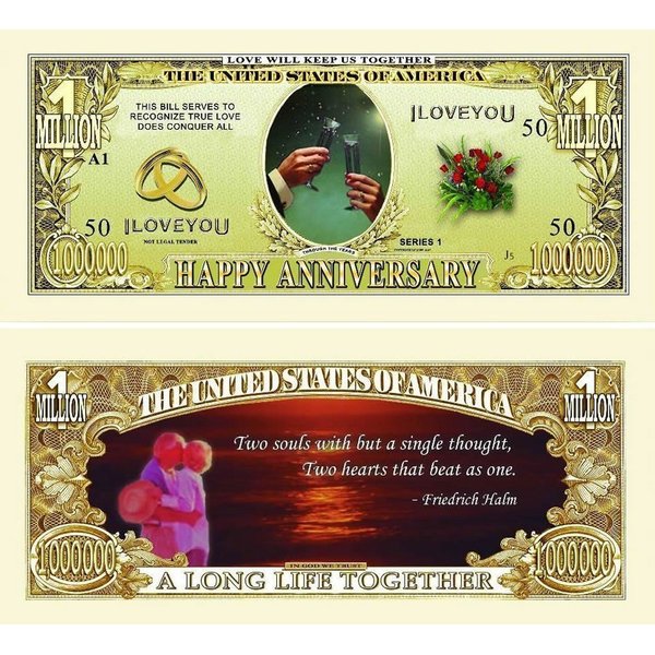 100 Happy Anniversary Million Dollar Bills with Bonus “Thanks a Million” Gift Card Set