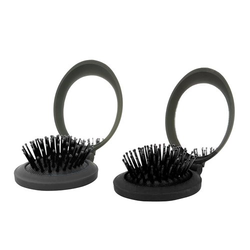 NuAngela Mini Hairbrush, Folding Hair Brush With Mirror Set, Compact Pocket Size, Travel Pop Up Hair Comb, Easy Keep in Purse, Gym Car Bag (2Black)