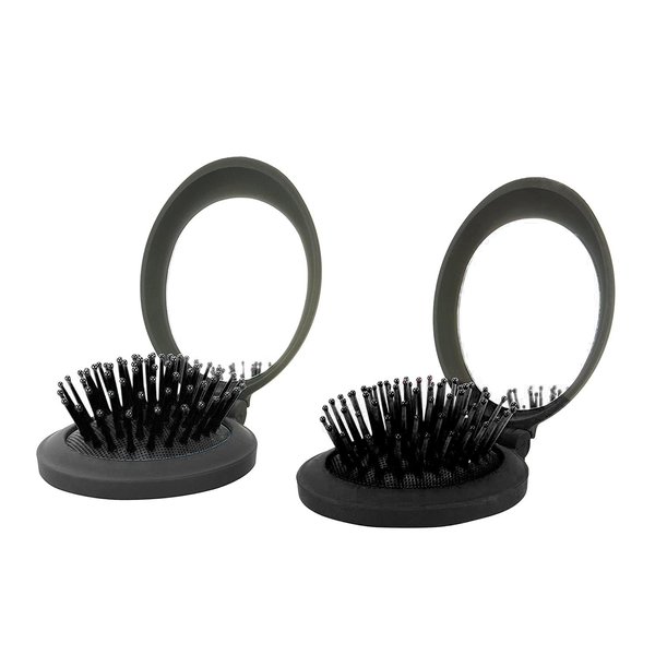 NuAngela Mini Hairbrush, Folding Hair Brush With Mirror Set, Compact Pocket Size, Travel Pop Up Hair Comb, Easy Keep in Purse, Gym Car Bag (2Black)