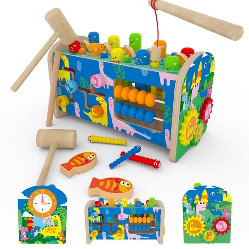 SILERUR 8 in 1 Wooden Montessori Toys for 1 2 3 4 Year Old Boys Girls Whack a Mole Game Hammering and Pounding Toys with Xylophone Fishing Game Toddlers Educational Developmental Learning Toys Gifts